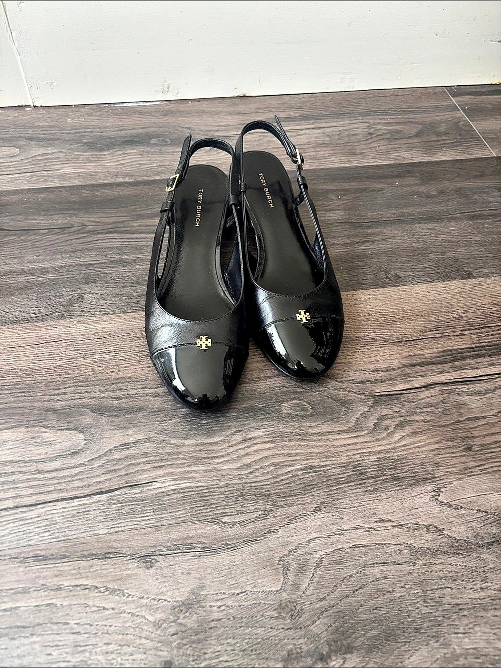 Tory Burch Cap-Toe Slingback Pump Black Patent Block Heel